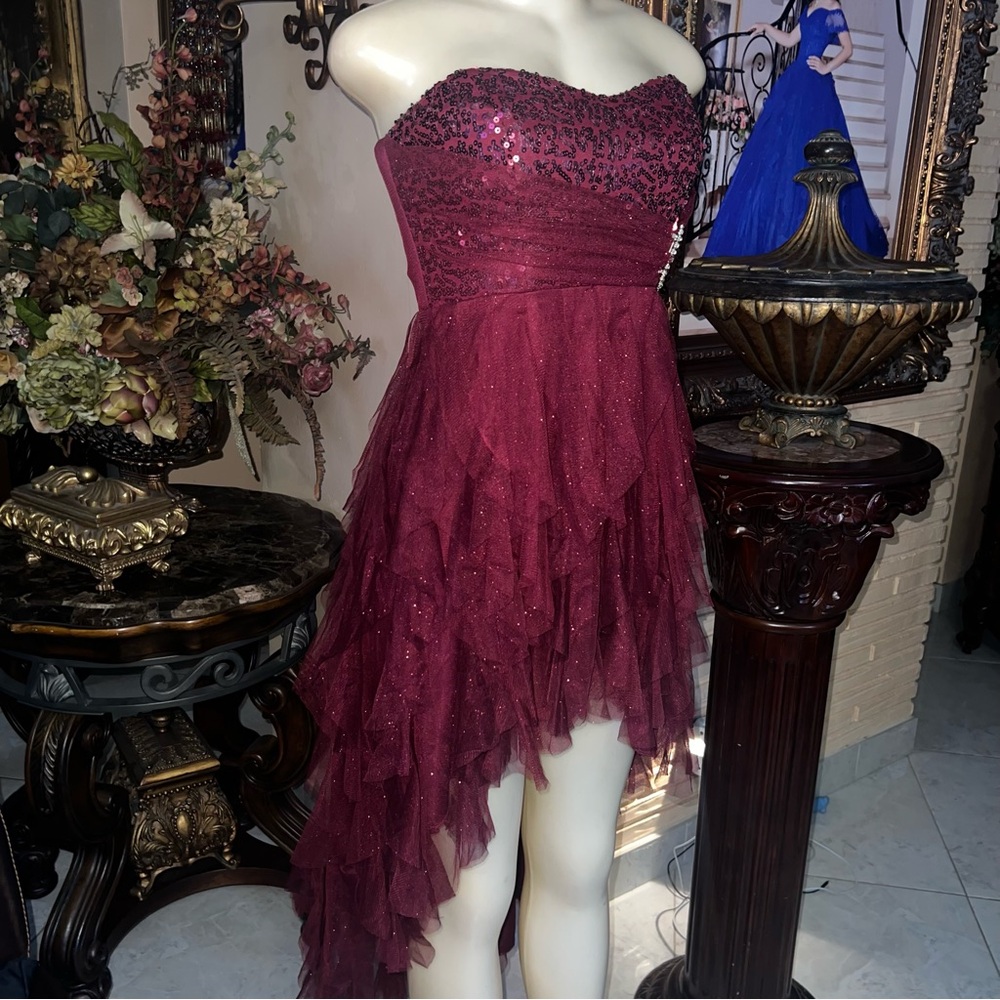 Teeze Me Burgundy Sequin High Low Dress for party